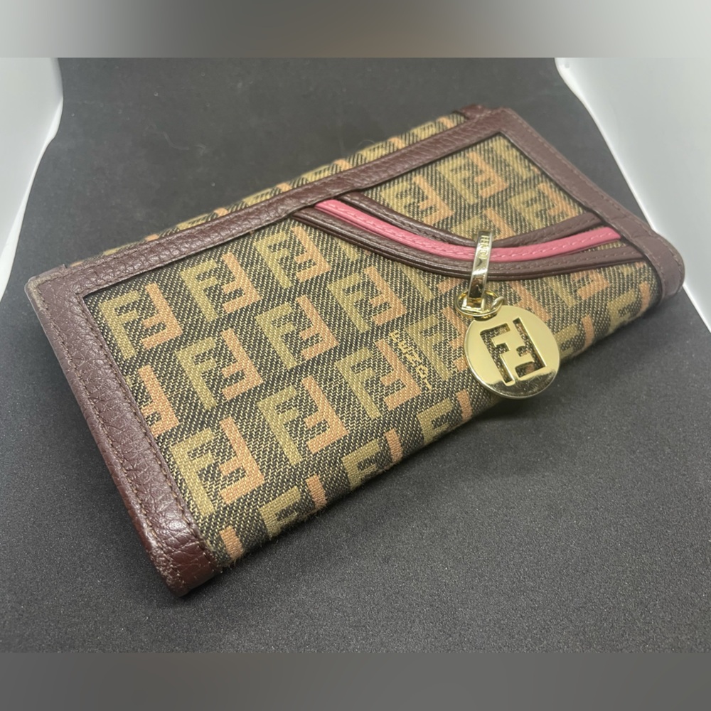 Fendi Monogram Wallet in Brown and Pink with Gold Charm
